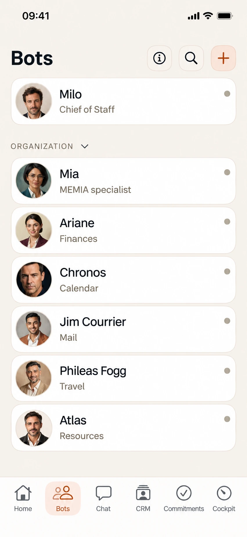 Adapted preview of the MEMIA bots screen with fictional demo content.