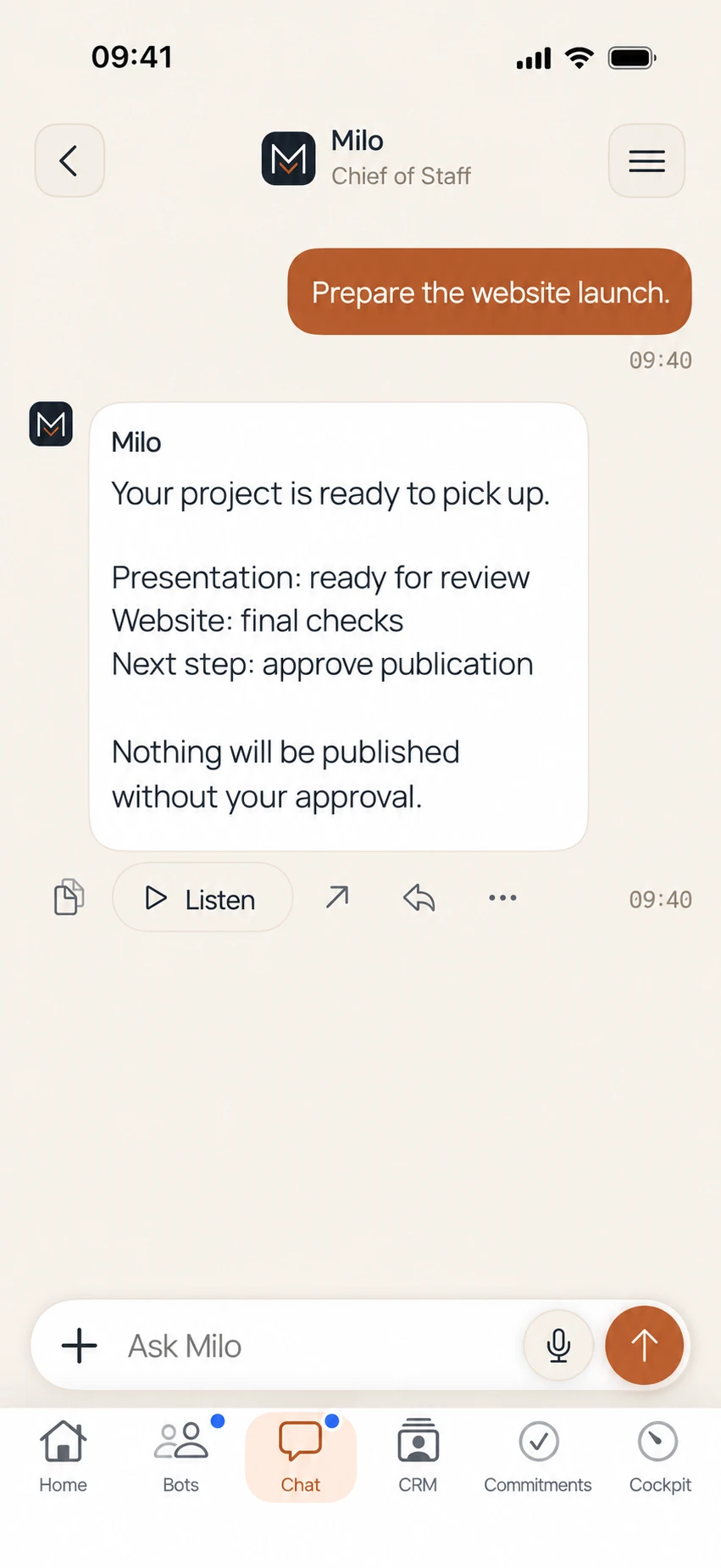Adapted preview of the MEMIA chat screen with fictional demo content.