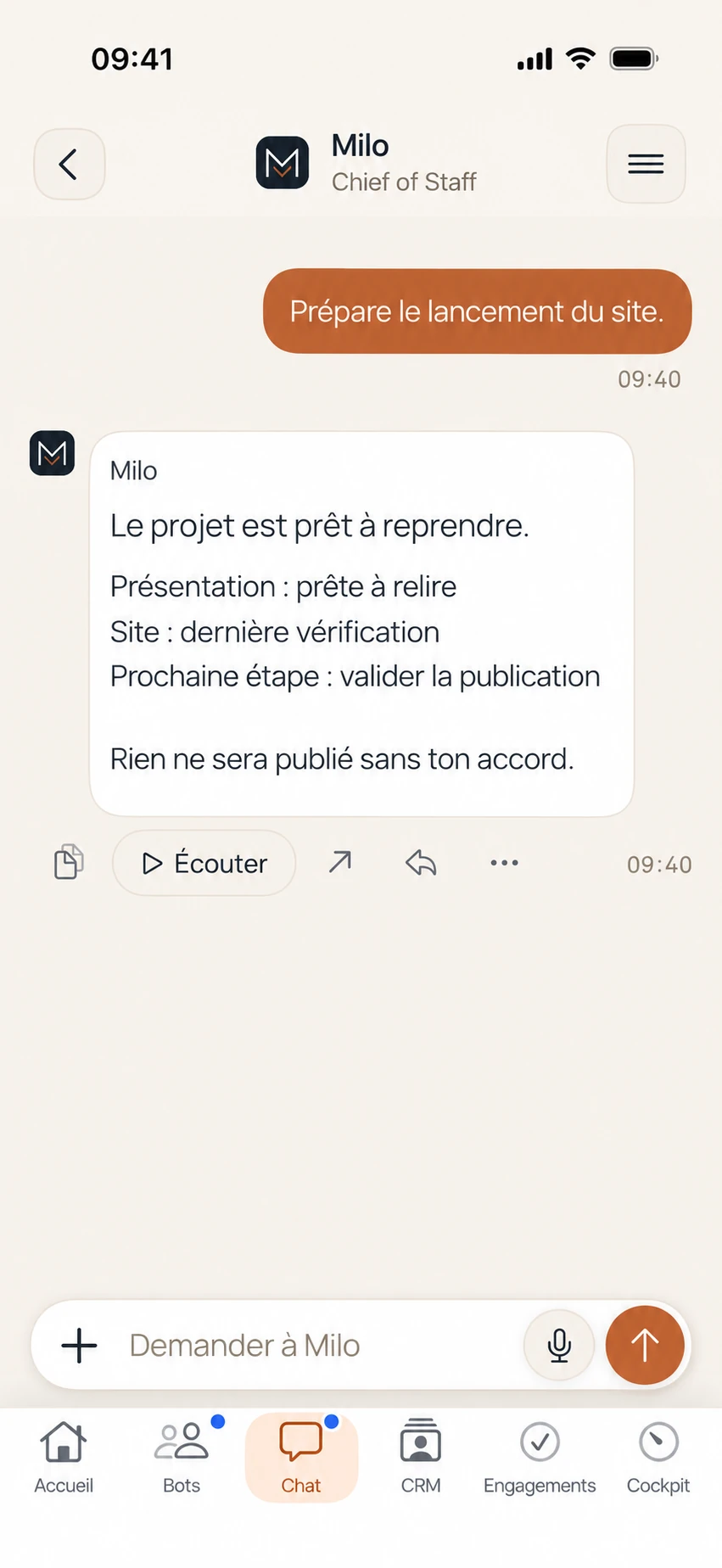 Aperçu adapté de l’écran la conversation de MEMIA, avec un exemple fictif.